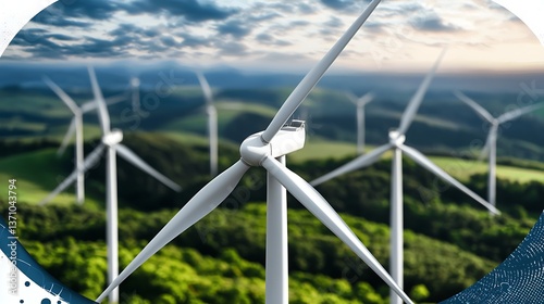 Wind turbines with green hills, and sunset.