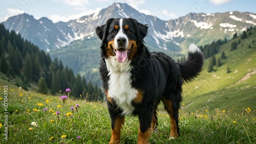 A stunning image of a Bernese Mountain Dog, known for its thick tricolor coat, gentle temperament, and strong build