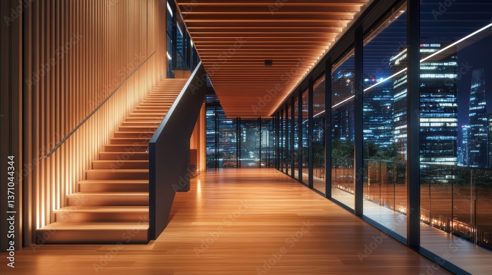 Fototapeta premium Modern wooden staircase, city night view, luxury interior, building corridor