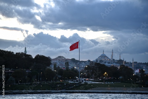 Photography Istanbul Türkiye with flag viewed from the sea