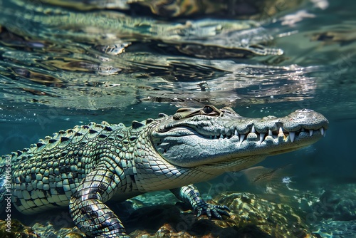 Hyper realistic underwater photography of crocodile submerged just below the surface waiting to ambush a gazelle drinking at the riverbank crystal clear water reflections tension filled composition
