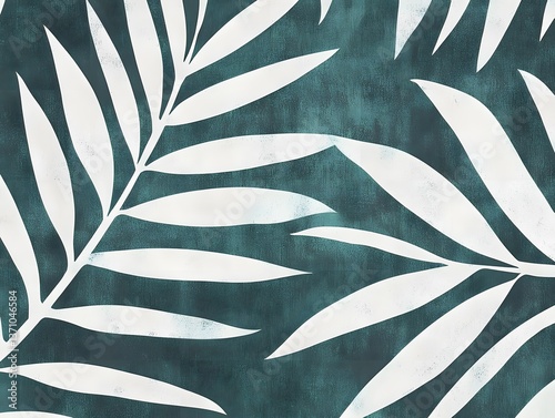 Abstract Teal and White Palm Leaves Botanical Print