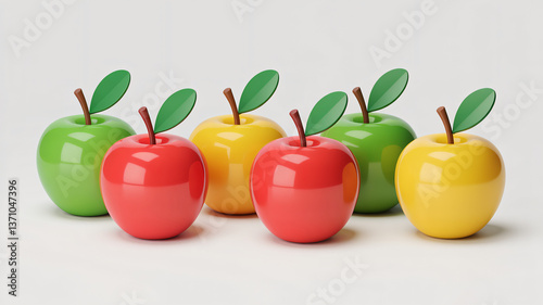 apples of different colors, red, green, yellow, 3D render, isolated on white