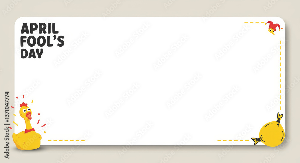 Fototapeta premium April Fool's Day Fun Banner Template - Celebrate April Fool's Day with this playful banner! Features a chicken, jester, a party popper, and a blank space for your message. Perfect for greeting cards