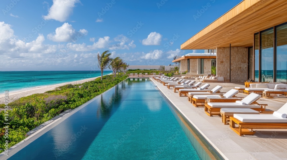 Daybeds lined up along the infinity pool at a five-star beachfront resort, facing the sea.