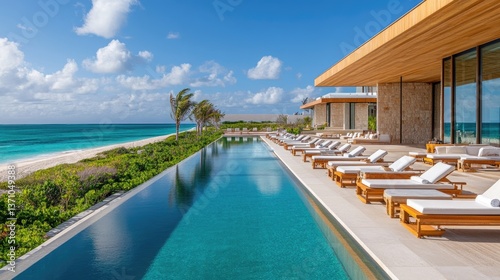 Obraz na płótnie Daybeds lined up along the infinity pool at a five-star beachfront resort, facing the sea. w salonie