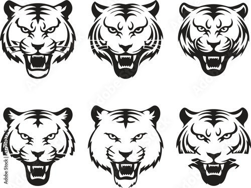 Tiger head icon silhouette vector illustration Black and white vector graphic of a minimalist tiger head logo with simple line art.