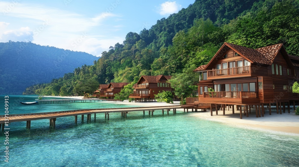 Naklejka premium Exclusive beachfront resort with floating villas connected by wooden bridges over clear blue water.