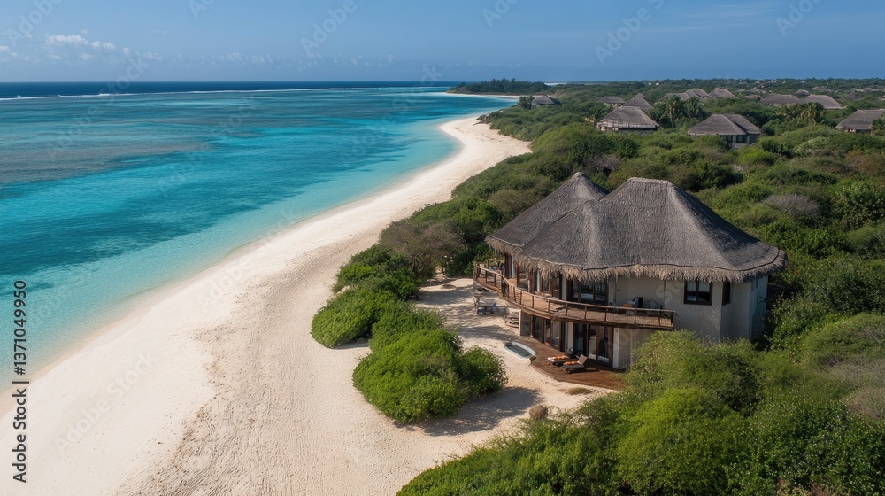 Exclusive beachfront resort with thatched-roof villas arranged along a crystal-clear ocean bay. Exclusive beachfront resort with thatched-roof villas arranged along a crystal-clear ocean bay.