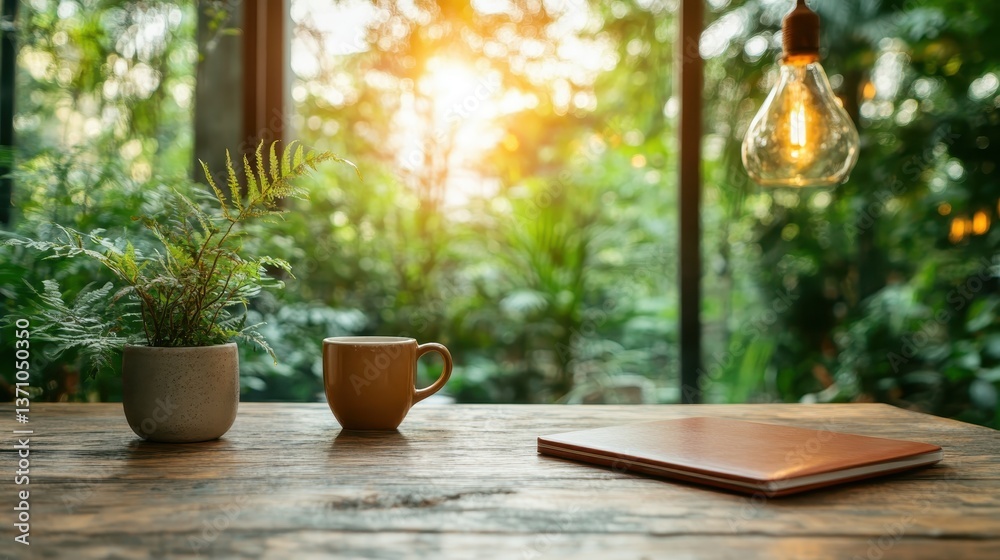 A serene setup featuring a cup of coffee and a small plant against a backdrop of warm sunset light, creating an atmosphere of calm and introspection in a cozy indoor space. A serene setup featuring a cup of coffee and a small plant against a backdrop of warm sunset light, creating an atmosphere of calm and introspection in a cozy indoor space.