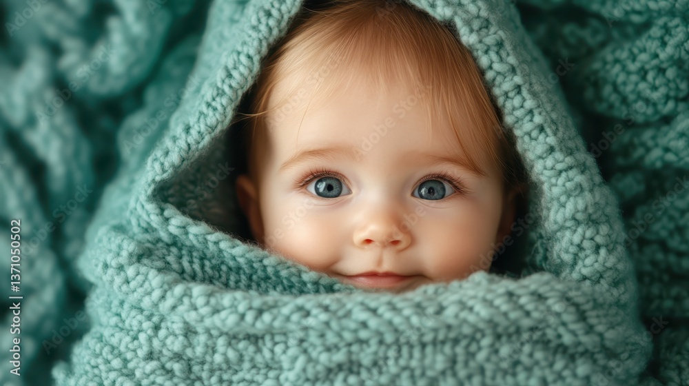 A calming baby smiles gently while wrapped snugly in a soft turquoise blanket, reflecting tranquility and warmth, inviting feelings of love and peace. A calming baby smiles gently while wrapped snugly in a soft turquoise blanket, reflecting tranquility and warmth, inviting feelings of love and peace.