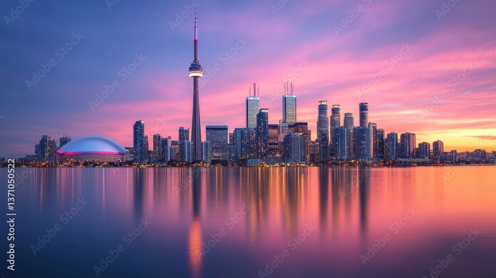 Obraz premium Glowing city skyline at sunset, with skyscrapers reflecting the brilliant hues of the evening sky.