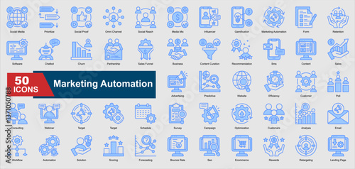 Marketing Automation blue icons featuring automation, CRM, email marketing, customer retention, analytics, chatbot, and more. Perfect for illustration and design.
