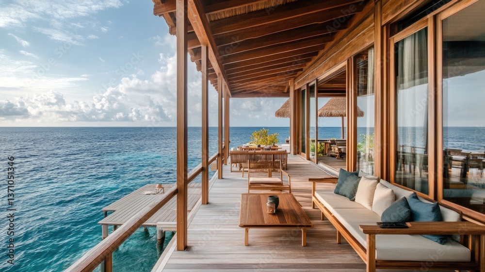 Fototapeta premium Idyllic overwater retreat with wooden furniture, an open-air lounge, and uninterrupted views of the open ocean.
