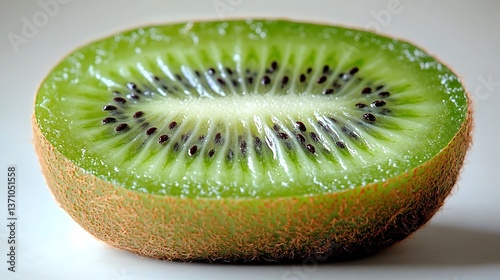 A juicy kiwi slice with soft shadows and glistening pulp, detailed fiber texture, and fresh color contrast, ultra-HD, isolated on solid white background.