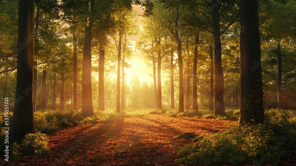 Fototapeta premium Lush forest bathed in the warm hues of sunset, with light filtering through the trees.