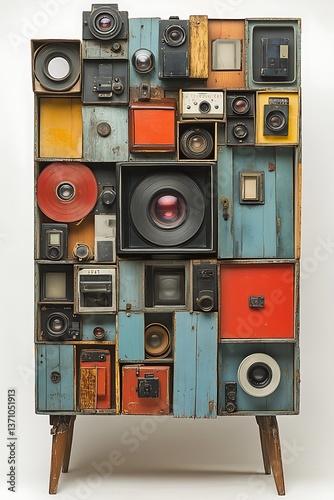 An artful assemblage of vintage camera components and wooden structure