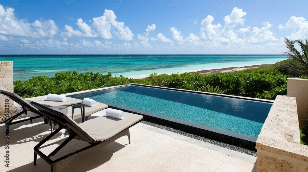 Fototapeta premium Luxury beachfront villa on a paradise island, featuring a private pool and oceanfront terrace.