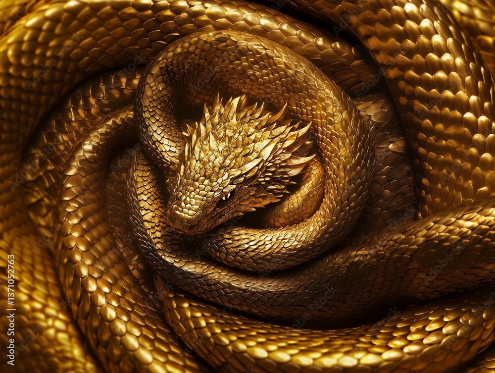 Fototapeta premium Golden coiled snake embracing wealth and power