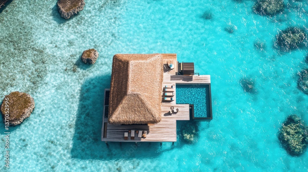 Fototapeta premium Luxury overwater villa with thatched roof, perched above crystal-clear turquoise waters, surrounded by a serene tropical paradise.
