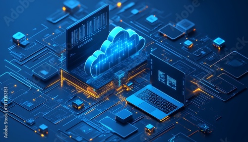 A futuristic illustration showing cloud computing and data processing