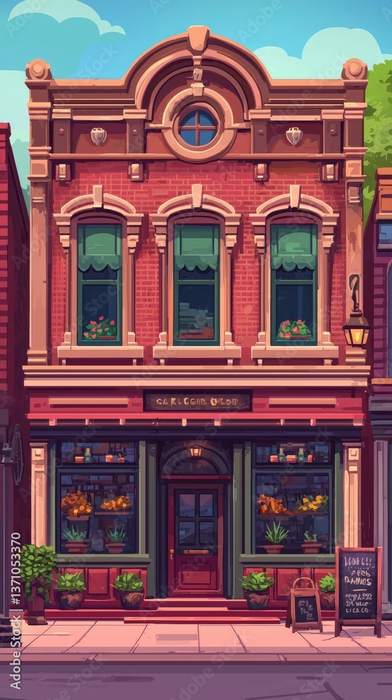 Fototapeta premium Charming brick storefront, flowers, city street, sunny day, perfect for website backgrounds