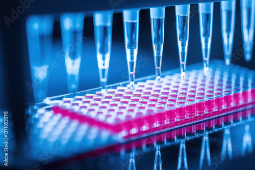High-Tech Laboratory Scene with Pipettes and Microtiter Plates in Cool Blue Tones photo