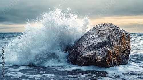 Fototapeta Naklejka Na Ścianę i Meble -  A powerful wave crashing against a firm, unmovable boulder, showcasing natureâ€™s dynamic contrast, ultra-HD, isolated.