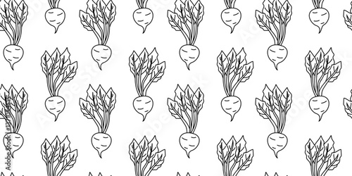 Artistic pattern featuring illustrated radishes in black and white on a simple background