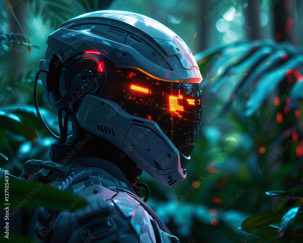 Fototapeta premium Cinematic photo of futuristic robotic hunter scanning a dense cyber jungle for its prey glowing heat signatures visible through its visor neon reflections