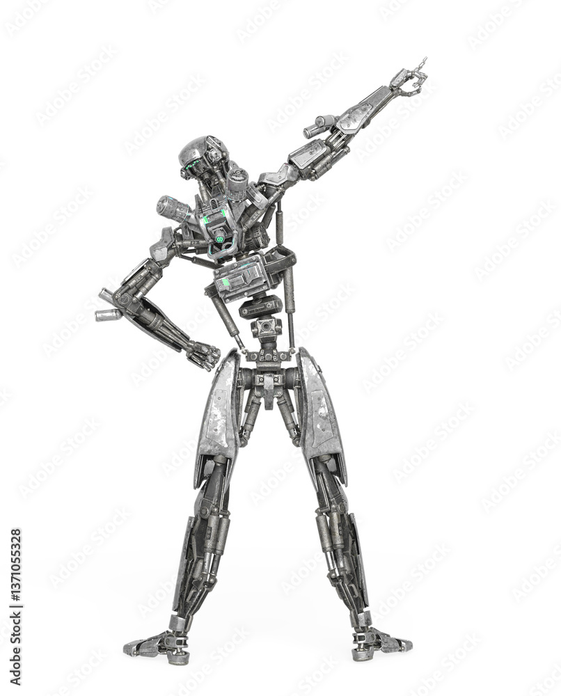 apocalypse cyborg is pointing up to the stars like a comic hero on rear view apocalypse cyborg is pointing up to the stars like a comic hero on rear view