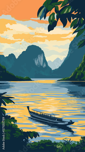 Art Deco WPA Style Khao Sok National Park with Cheow Lan Lake and Ratchaprapha Dam