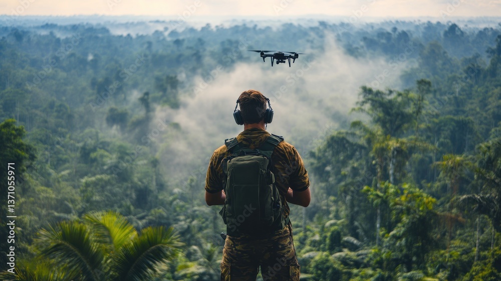 Man Piloting Drone Over Forest Canopy with Misty Background View Man Piloting Drone Over Forest Canopy with Misty Background View