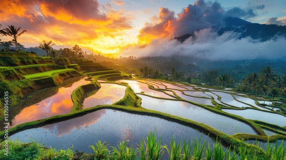 Obraz premium Serene rice fields under a dramatic sunset, with colorful clouds reflecting in the water.