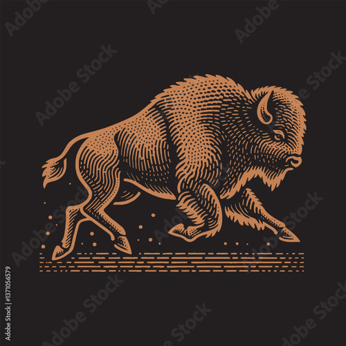 Bison Running Vector Illustration – Vintage Retro Logo Design on Black Background