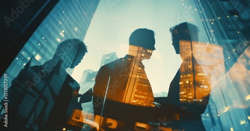 Des silhouettes de professionnels en réunion et de gratte-ciels, double exposition, symbolisant la collaboration et le travail d'équipe dans la réussite d'une entreprise.