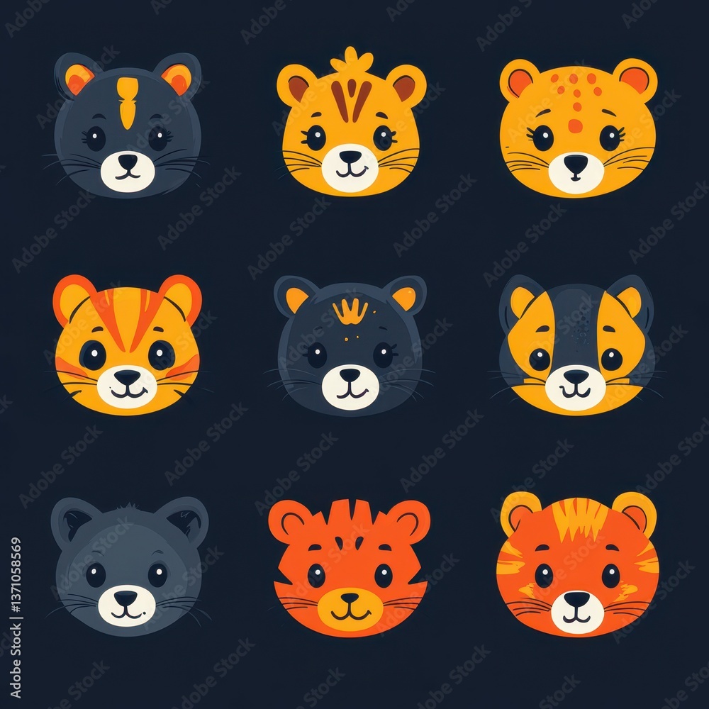 Colorful animal faces in a grid layout showcasing various species on a dark background Colorful animal faces in a grid layout showcasing various species on a dark background