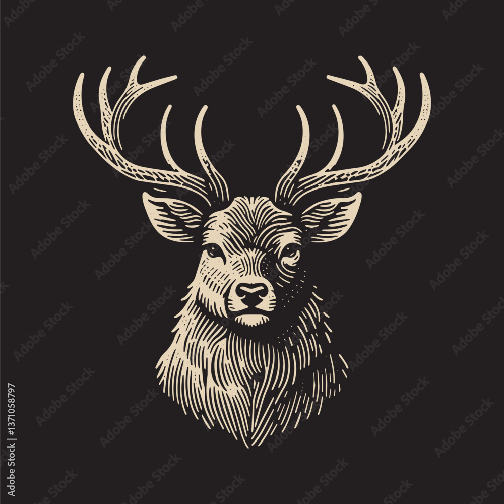 Fototapeta premium Stag Vector Illustration – Vintage Retro Logo Design on Black Background
