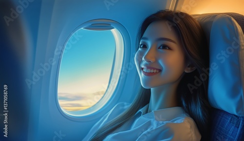 Smiling Woman Sitting by Airplane Window During Sunset Flight