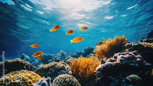Fototapeta Naklejka Na Ścianę i Meble -  Tropical underwater landscape featuring a diversity of coral species and reef fish.