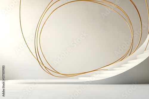 Abstract Stairs with Golden Accents in a Modern Minimalist Space
