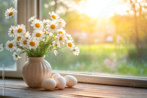 Sunset easter scene daisies in a vase and colorful eggs on a wooden table with copy space
