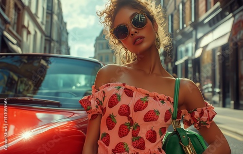 Fashionable Model Poses in Stylish Outfit With Sunglasses Near Classic Red Ca...