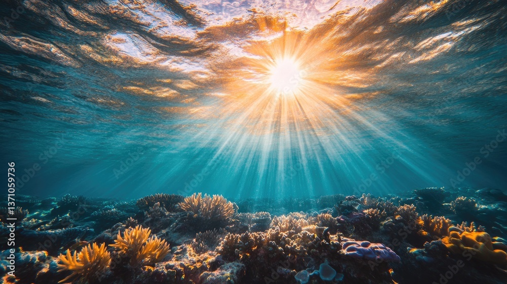 Fototapeta premium Underwater sunbeams streaming through the ocean, illuminating the coral reef below.