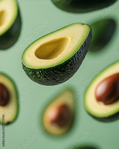 Sliced Avocados Floating Against a Green Background Showcasing Fresh Organic ...