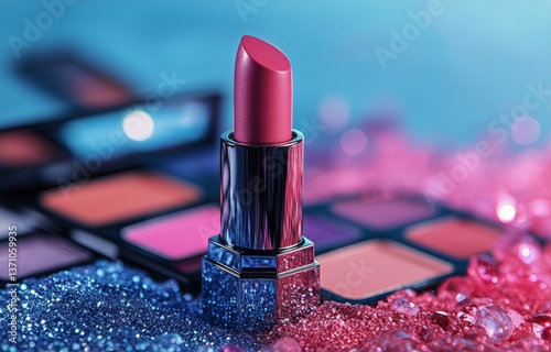 Bright Pink Lipstick Stands out Among Colorful Makeup Products on a Vibrant B...