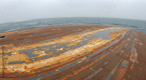 Distressed ship hull showcases aging through peeling paint and rust texture