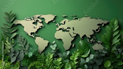Earth map amid lush, vibrant greenery on a green background. Ecology and sustainability concept