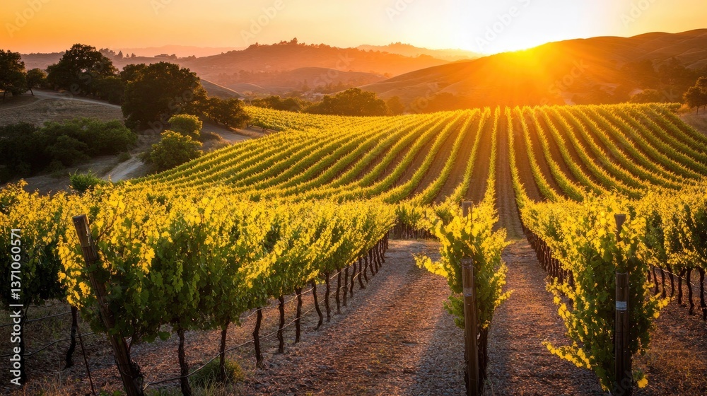 Fototapeta premium Vineyard at sunset, with rows of grapevines bathed in golden light.