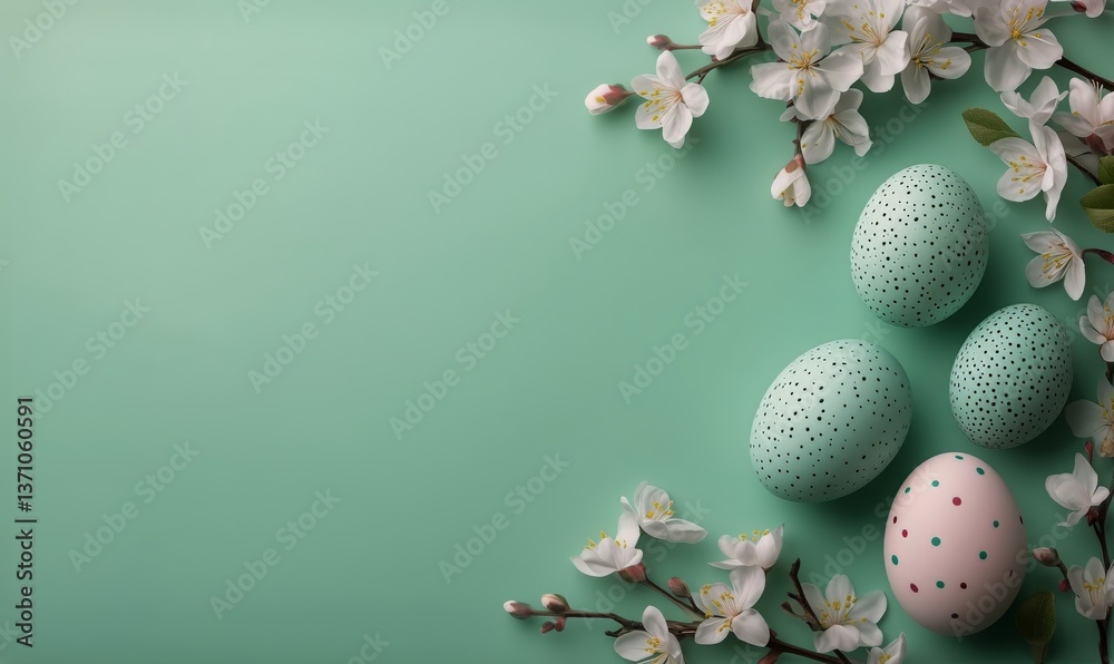 Beautiful Easter Arrangement With Decorated Eggs and Blossoms on a Green Background